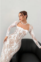 Lace Corset Square Neck Long Sleeve Bodycon Midi Dress