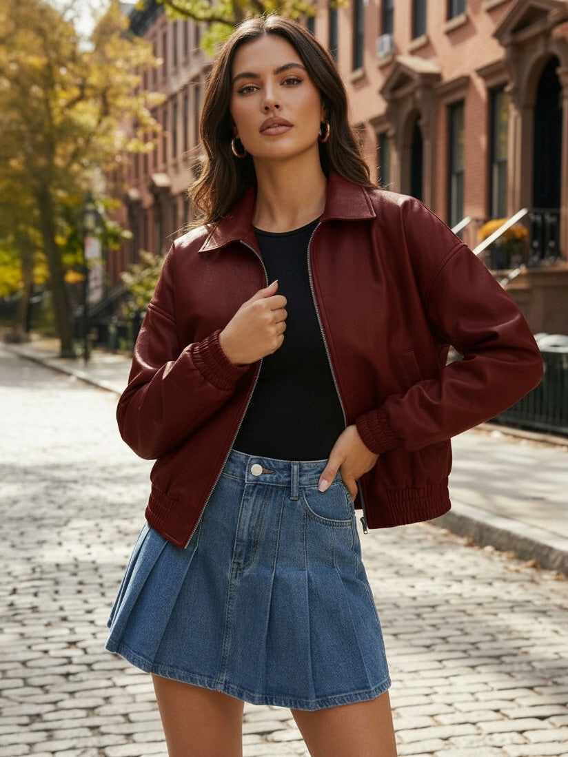 Vintage Oversized Faux Leather Bomber Jacket With Elastic Hem For Women 2026