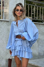 Button Front Round Neck Lantern Sleeve Tiered Ruffle Mini Dress