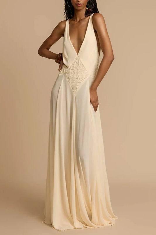 Ivory Deep V-Neck Lace Patchwork Dress