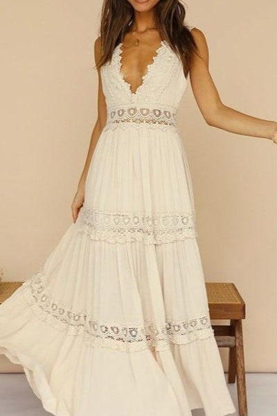 Lace Deep V-Neck Tiered Crochet Waist Boho Summer Maxi Dress