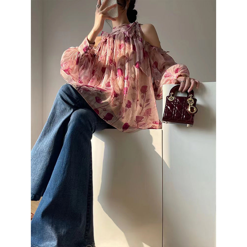 Floral Print Cold Shoulder Mock Neck Tie Bow Lantern Sleeve Mini Dress