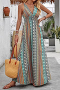 Smocked V-Neck Boho Print Flowy Maxi Summer Dress