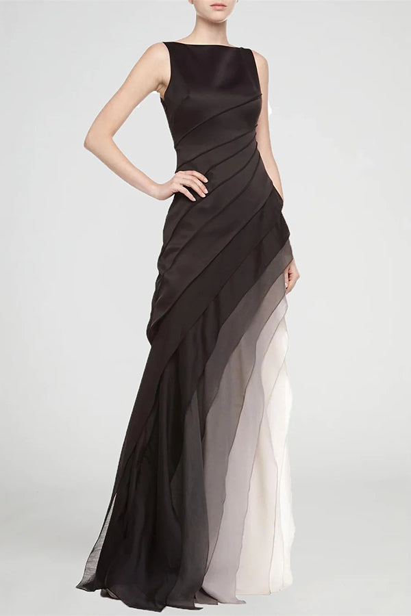 Ombre Gradient Diagonal Tiered Ruffle Column Maxi Gown