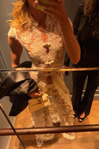 Saphina Floral Lace Pipa Knot Detail Short Sleeve Center Front Slit Maxi Top