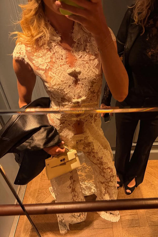 Saphina Floral Lace Pipa Knot Detail Short Sleeve Center Front Slit Maxi Top
