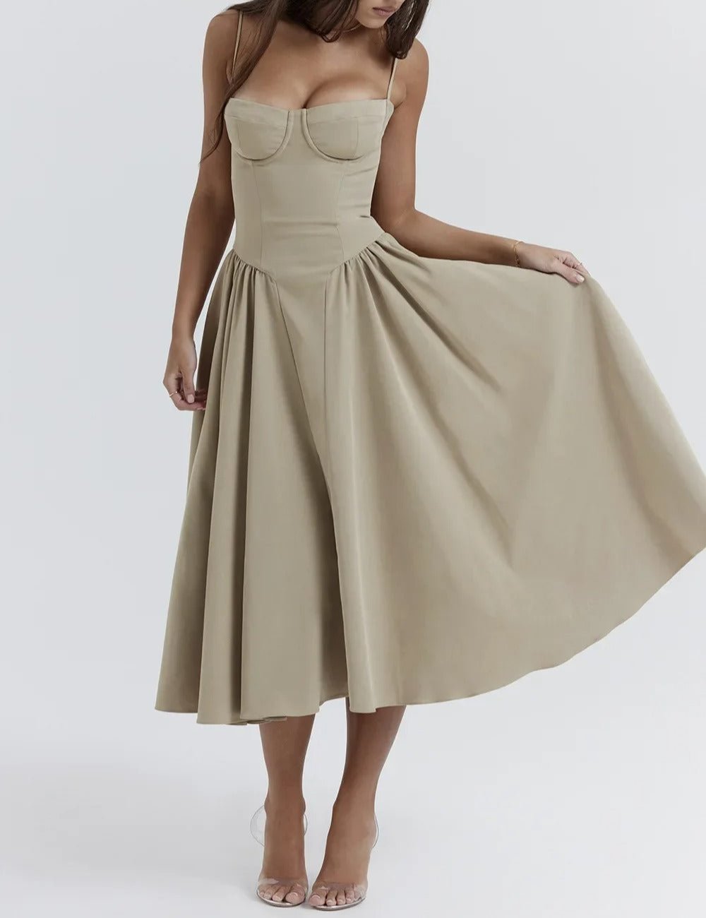 Corset Bodice Basque Waist Pleated A-Line Midi Dress