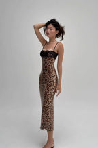 Leopard Sequin Lace Panel Spaghetti Strap Bodycon Midi Dress