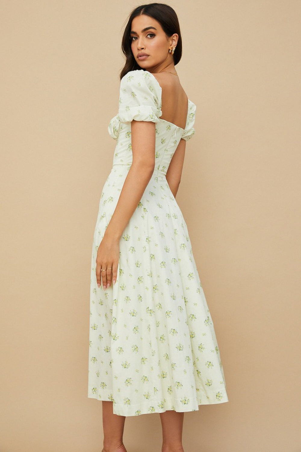 Floral Square Neck Puff Sleeve Ruched Tie Bust High Split Midi Dress