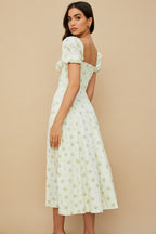 Floral Square Neck Puff Sleeve Ruched Tie Bust High Split Midi Dress
