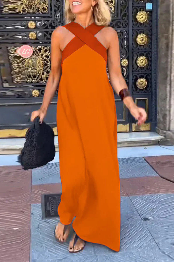 Halter Neck Mesh Illusion Panel Flowy Maxi Dress