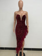 Burgundy Sequin Dresses Strapless Plunge Lace-up Back Feather Birthday Party Dresses