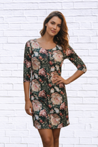 Vintage Floral Print 3/4 Sleeve Knit Dress _ Elegant Round Neck Knee-Length Dress