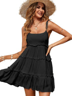 Flattering Tiered Ruffle Empire Waist Mini Summer Sundress - Black