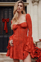 Square Neck Corset Tie Front Floral Lace Bell Sleeve Mini Dress