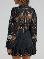 Lantern-style Long-sleeved, Fitted A-line Dress With Ruffled Hem And Water-soluble Lace.