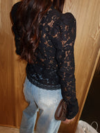 Lace Crochet Stand Collar Slim-fit Long Sleeve Sheer Top