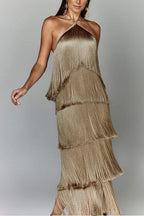 Chicest Halter Ruffle Layered Fringe Maxi Party Dress