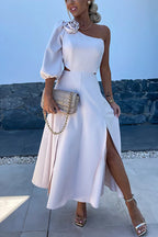 3D Rose One Shoulder Cut Out Waist Slit Midi Satin Dress