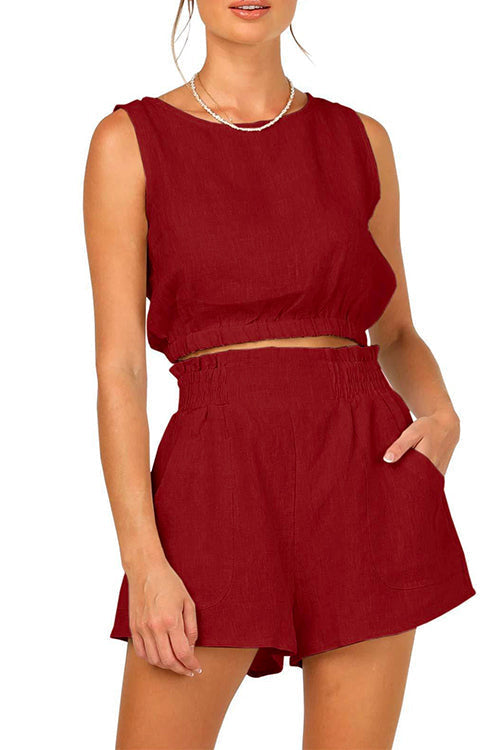 Solid Crop Tank Top Elastic Waist Wide Leg Shorts Set