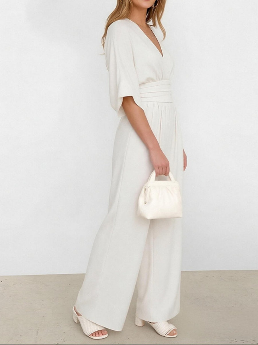 V-neck Waist Mid-length Sleeves Wide Leg Temperament Commuting Jumpsuits
