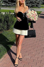 Strapless Velvet Patchwork Color Block Mini Dress