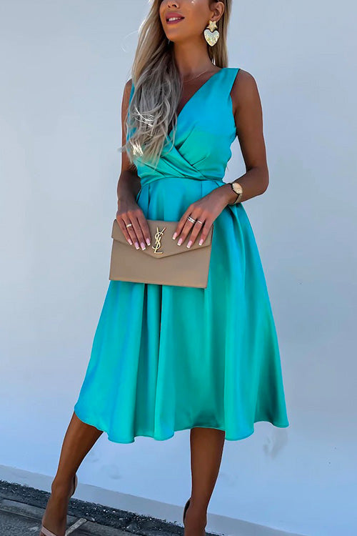 Sleeveless Cross V Neck Waisted Swing Party Dress