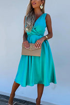 Sleeveless Cross V Neck Waisted Swing Party Dress
