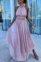 Halter Backless Waisted Tulle Maxi Dress