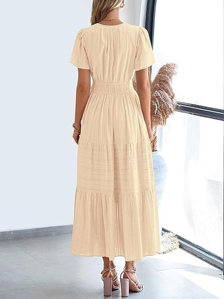 V-neck, Gathered, Puff Sleeve, Full Skirt, Short-sleeved Long Dress