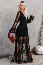 Deep V Neck Long Sleeve Floral Embroidered Mesh High Slit Maxi Dress
