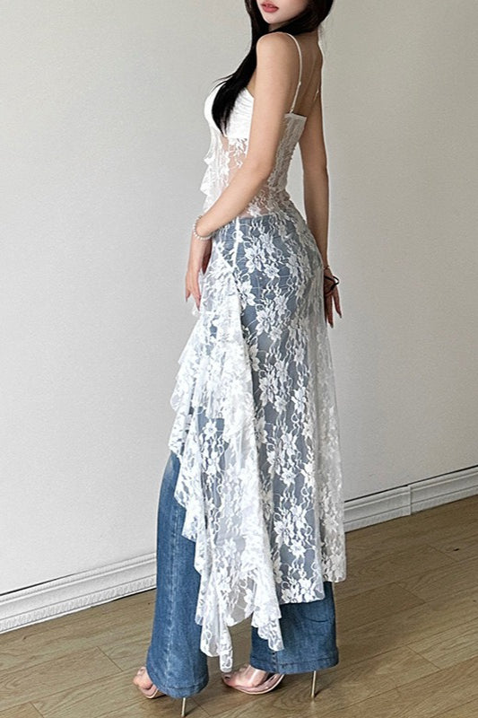 Floral Lace Spaghetti Strap Ruched Tiered High Low Maxi Dress