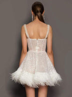 Party Dresses Ecru White Straps Neck Sequins Sleeveless Sheer Mini Dress