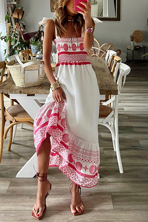 Ethnic Embroidered Smocked Square Neck Shoulder Tie Tiered Maxi Dress
