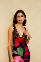 Lace Panel Deep V-Neck Abstract Floral Print Bodycon Midi Dress