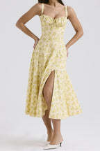 Floral Print Sweetheart Corset Bodice Wide Strap Fit and Flare Midi Dress