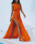 Casual Solid Color Slant Shoulder Split Braid Dress