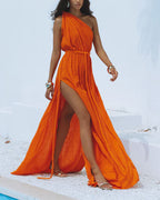 Casual Solid Color Slant Shoulder Split Braid Dress