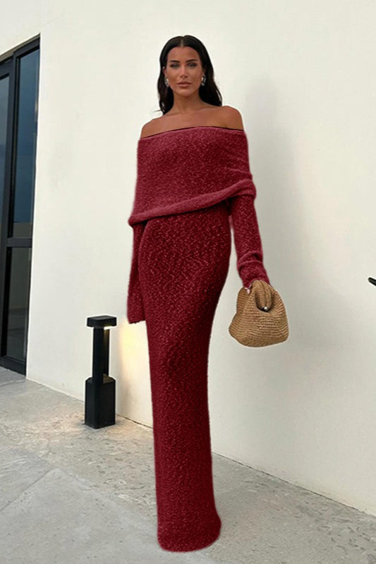 Knit Off Shoulder Long Sleeve Foldover Collar Bodycon Maxi Sweater Dress