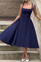 Square Neck Wide Strap Pleated Fit and Flare Midi Dress