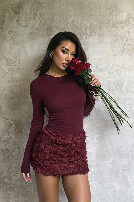 3D Rosette Applique High Waist Mini Skirt and Long Sleeve Top Two Piece Set