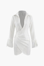Collar Deep V Neck Tie Cuff Wrap Shirt Mini Dress