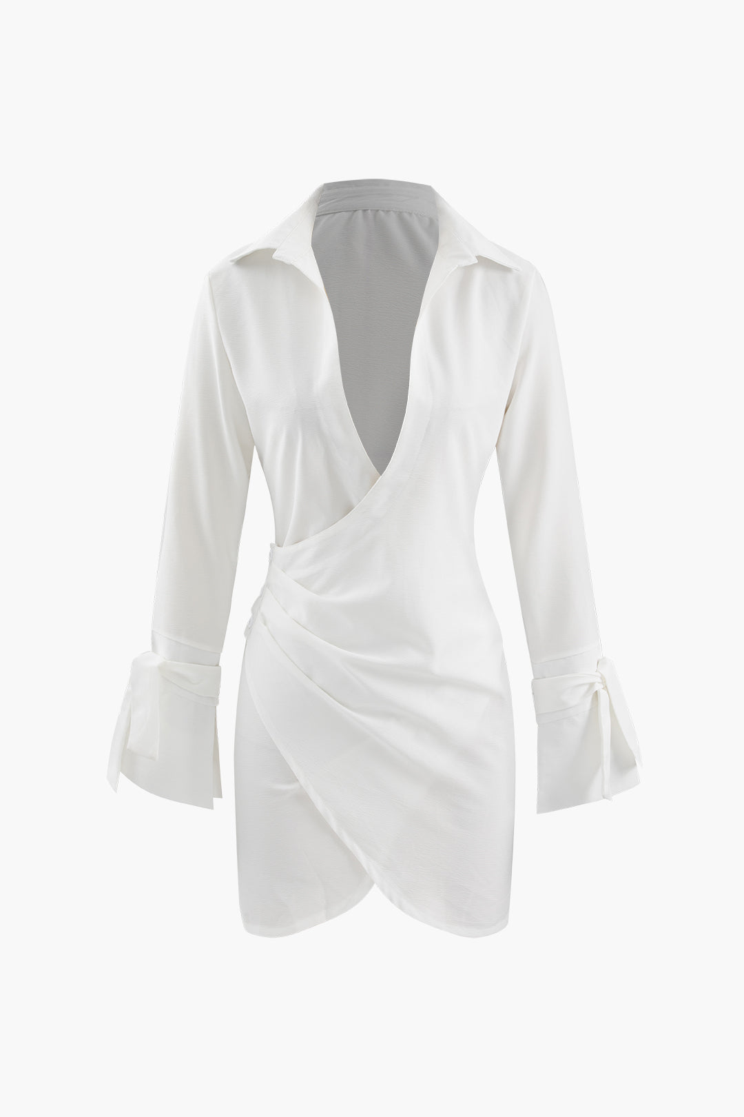 Collar Deep V Neck Tie Cuff Wrap Shirt Mini Dress