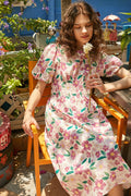 Floral Print Smocked Waist Puff Sleeve Crew Neck Midi Dress