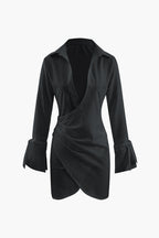 Collar Deep V Neck Tie Cuff Wrap Shirt Mini Dress