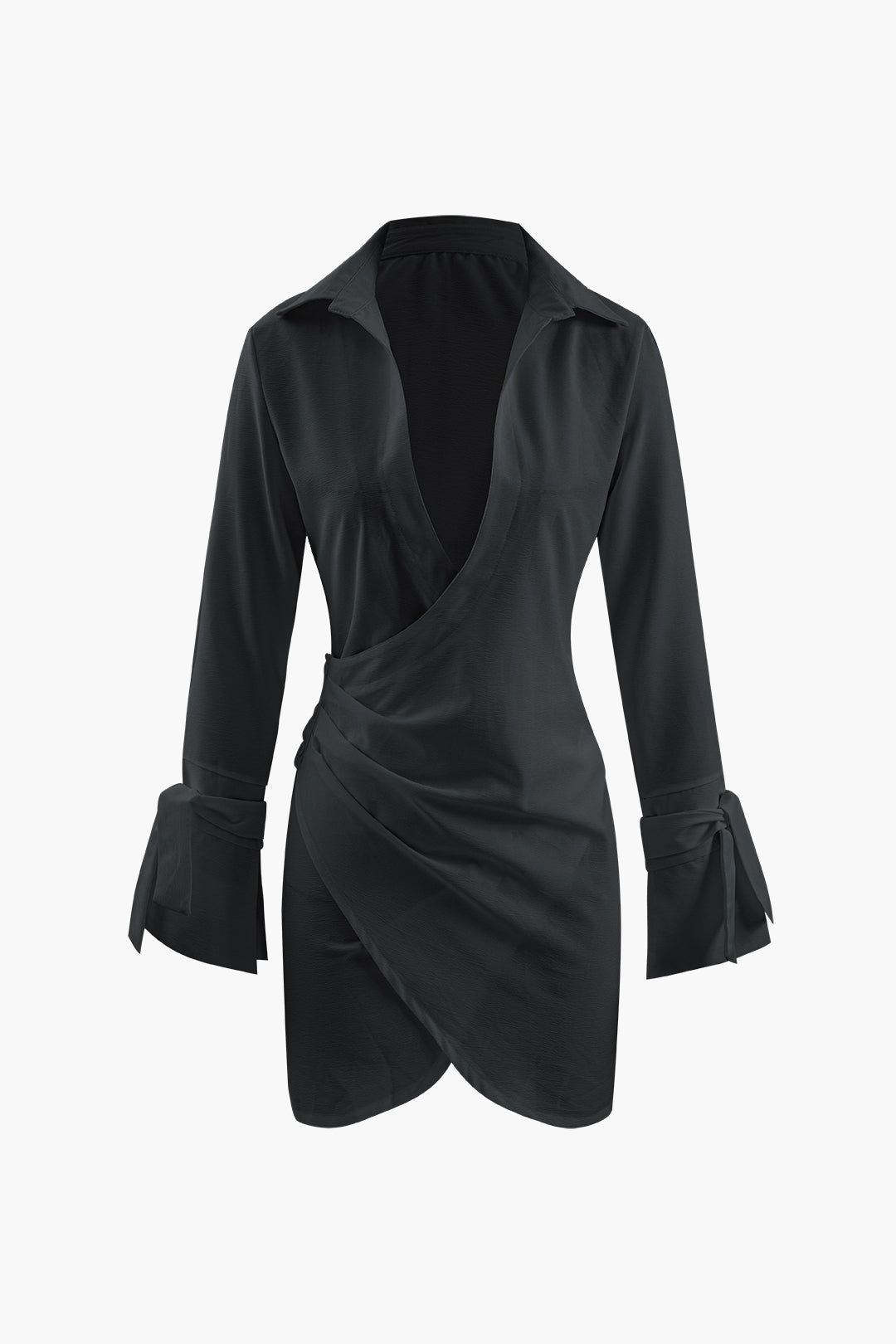 Collar Deep V Neck Tie Cuff Wrap Shirt Mini Dress