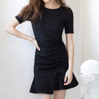 Short Sleeve Round Neck Side Ruched Drawstring Flounce Hem Mini Dress