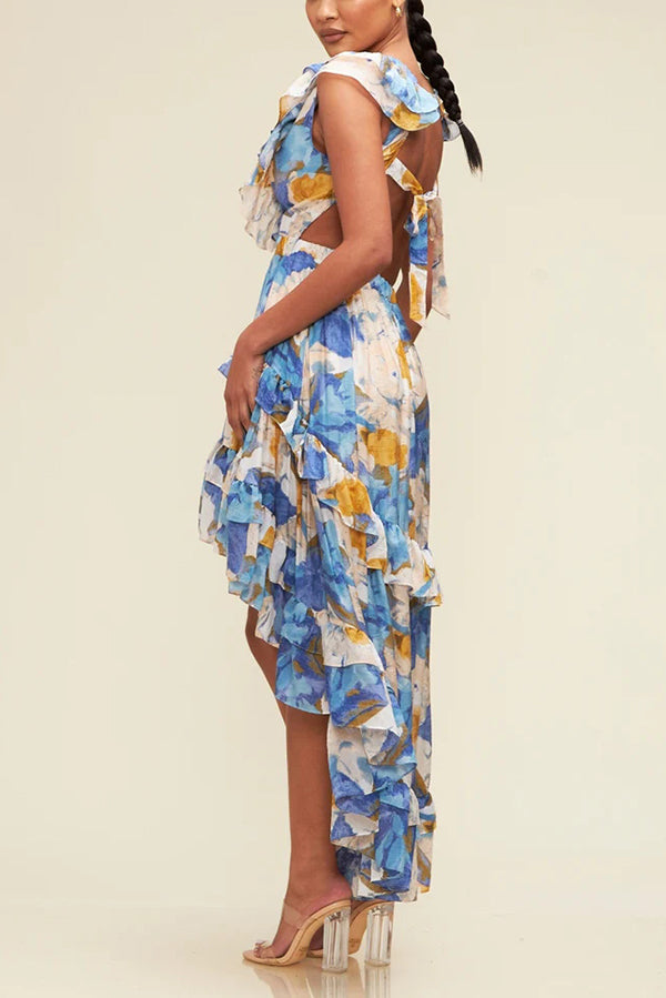 Plunging V-Neck Ruffle Tiered High-Low Floral Maxi Dress