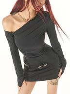 Slanted Shoulder Ruched Irregular Hem Long Sleeve Tee