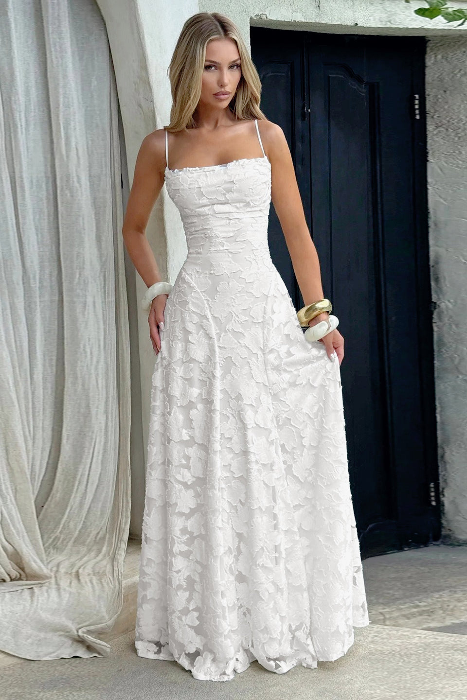 3D Floral Lace Applique Square Neck Spaghetti Strap A-Line Maxi Gown